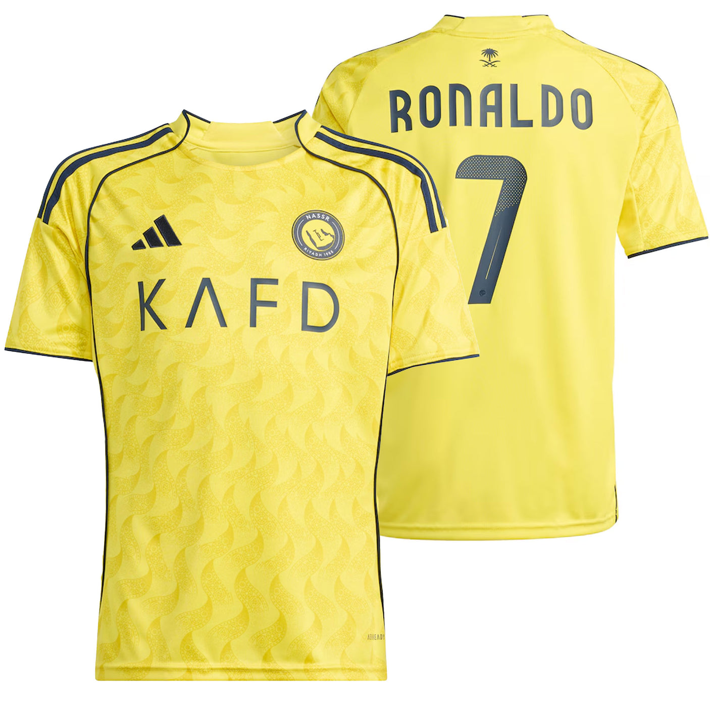adidas Kids Al Nassr 2025/26 Home Jersey w/ Ronaldo #7 Printing Impact Yellow/Night Indigo Both