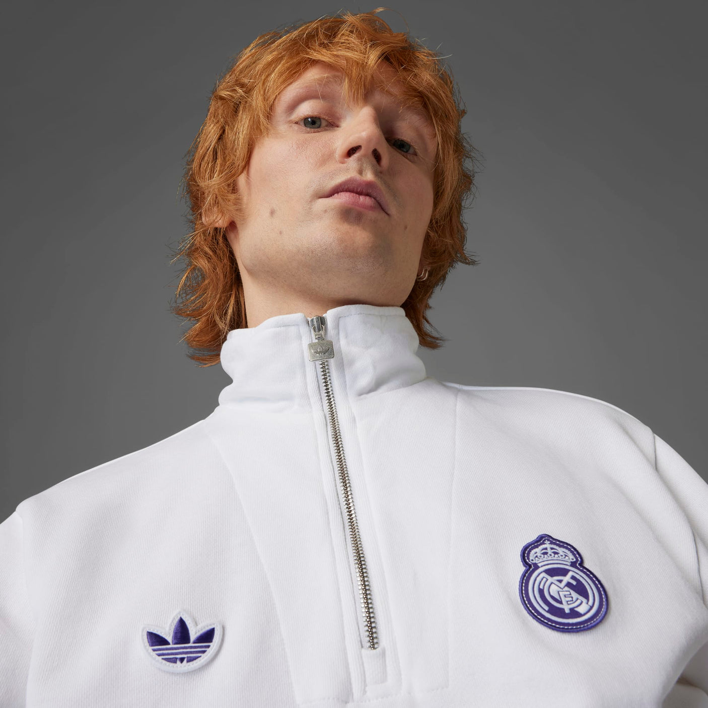 adidas Men's Real Madrid Terrace Icons Half-Zip Top White/Purple Crest