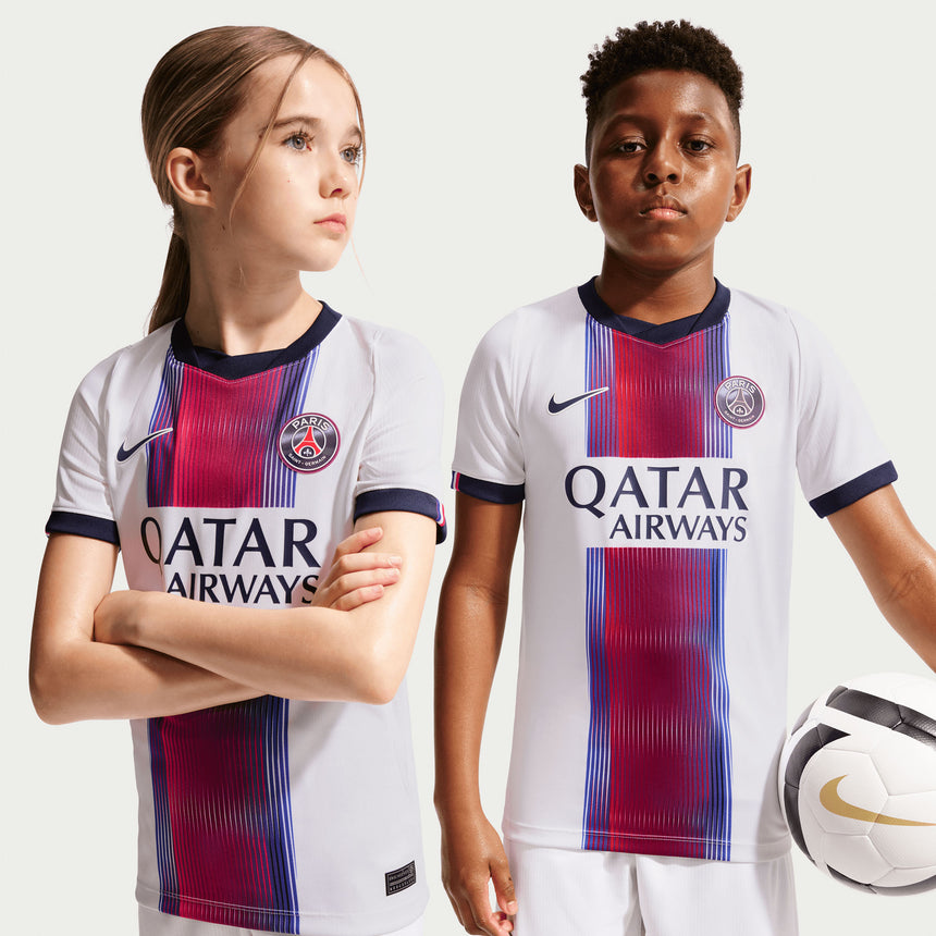 Nike PSG Kids Away Stadium 2026/27 Jersey White/Red/Blue Model