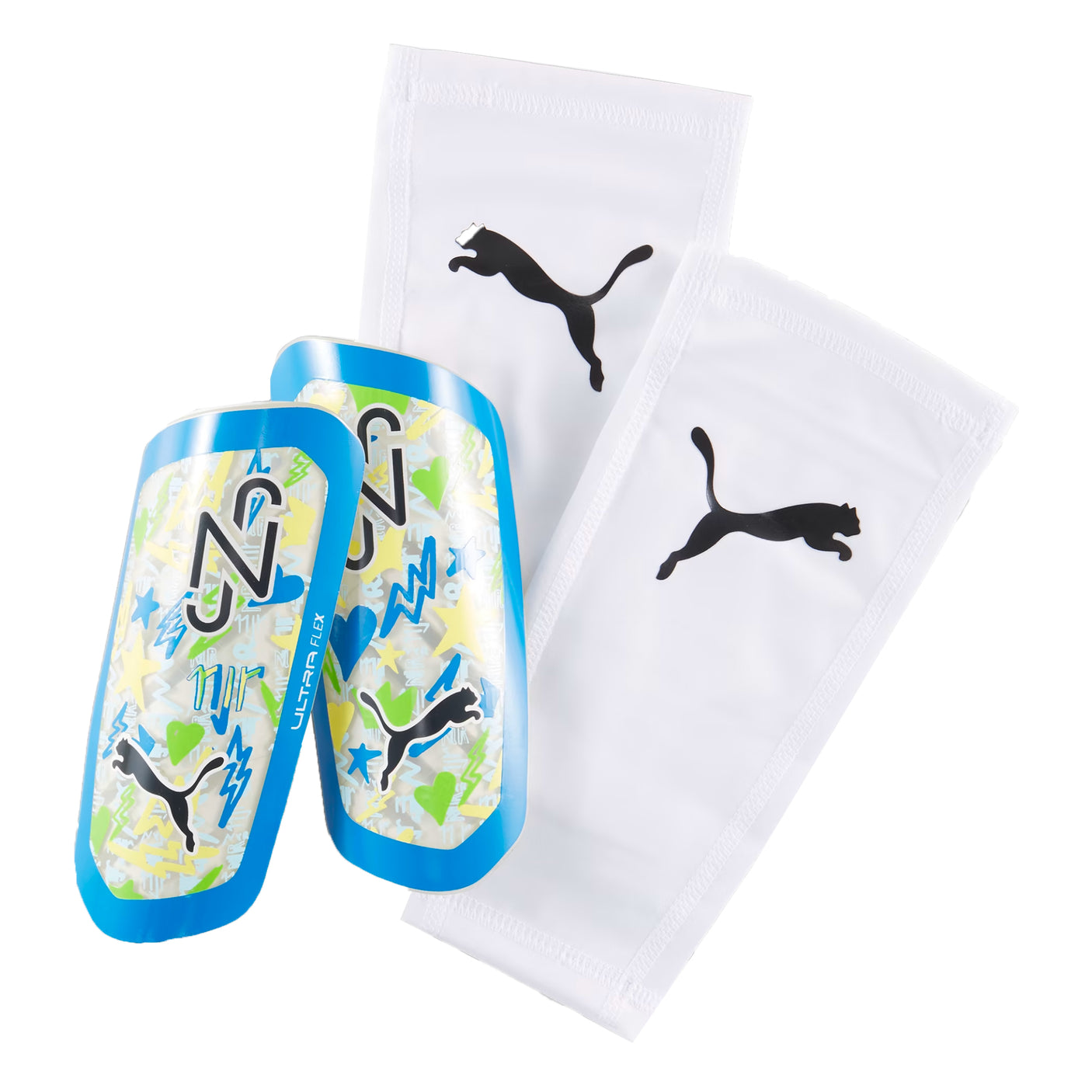 PUMA Neymar Ultra Flex Sleeve Shin Guards White/Blue/Lemon Both