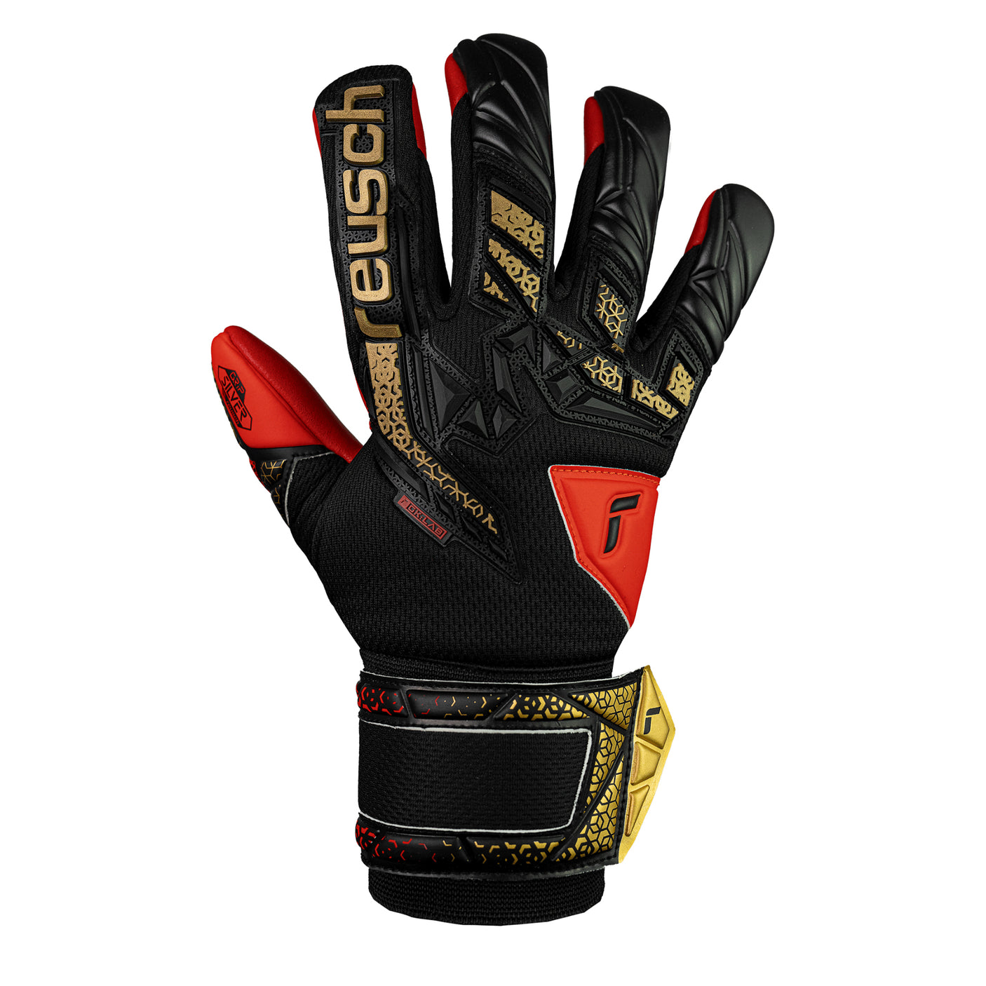 Reusch Men's Attrakt Silver Goalkeeper Gloves Black/Gold/Red Front