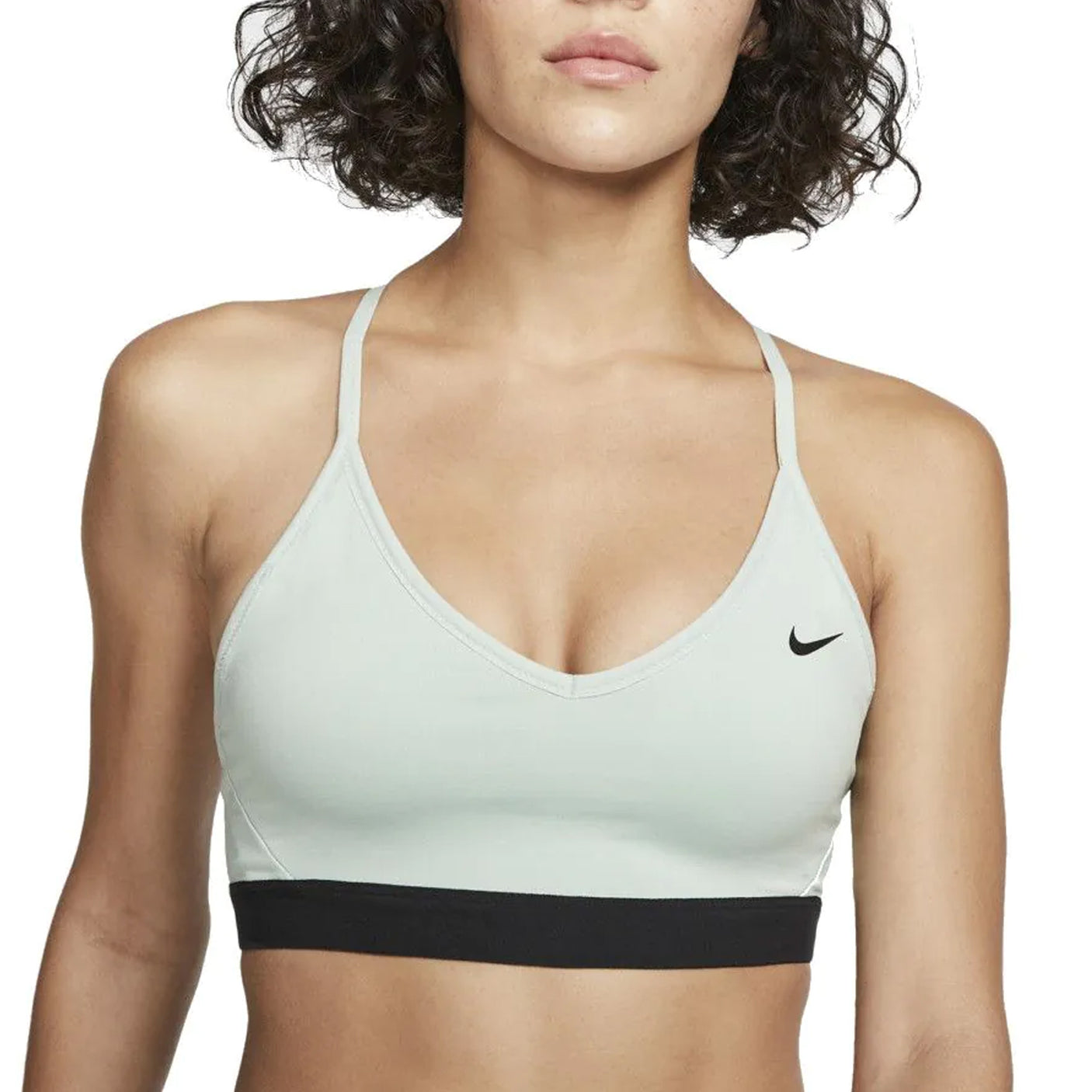 Nike Womens Indy DriFIT VNeck Sports Bra Pistachio Frost/Black Model