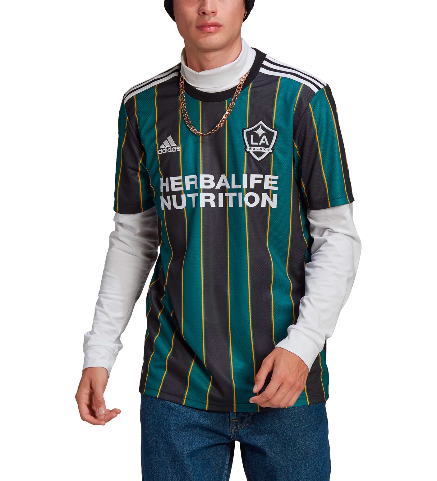 adidas Men's LA Galaxy 2021/22 Away Jersey Black/Tech Green Model Front