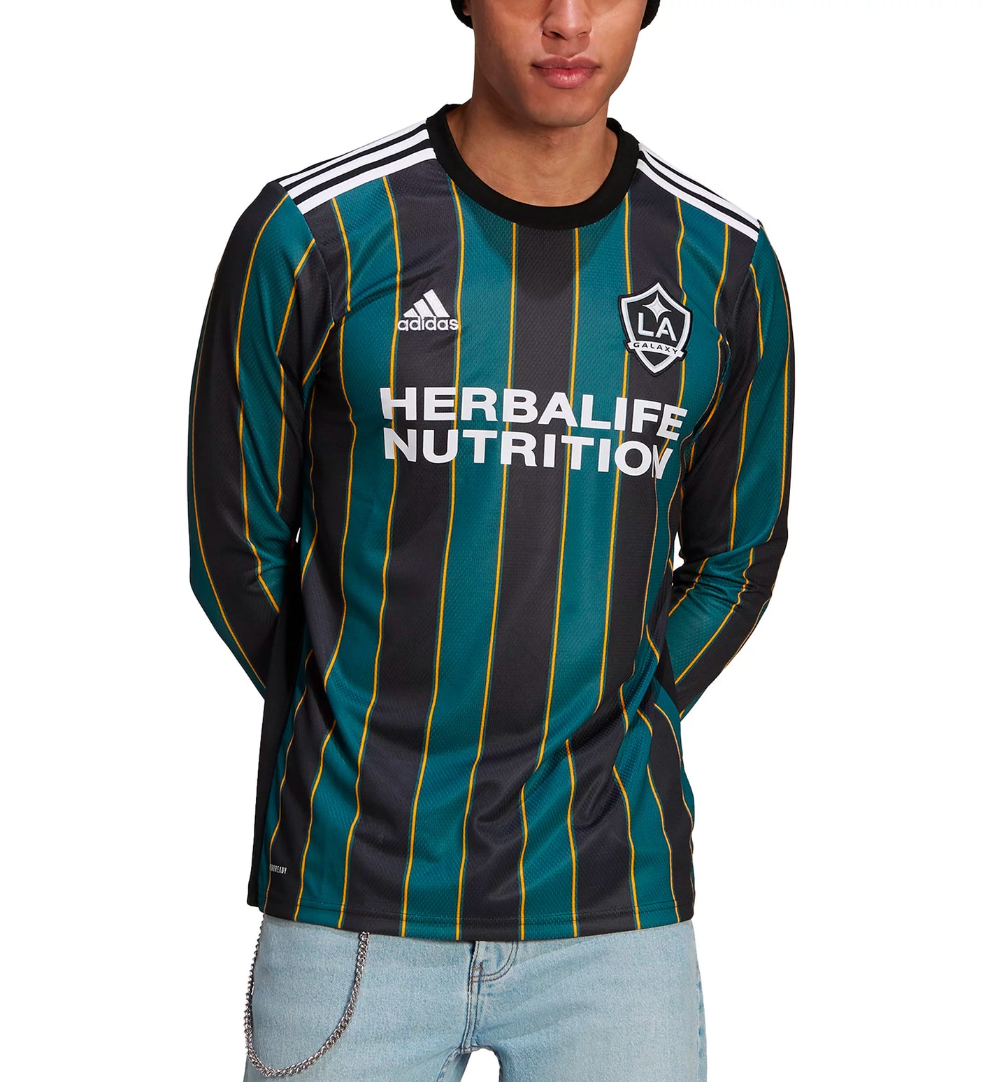 adidas Men's LA Galaxy 2021/22 Long Sleeve Away Jersey Black/Tech Green Model Front