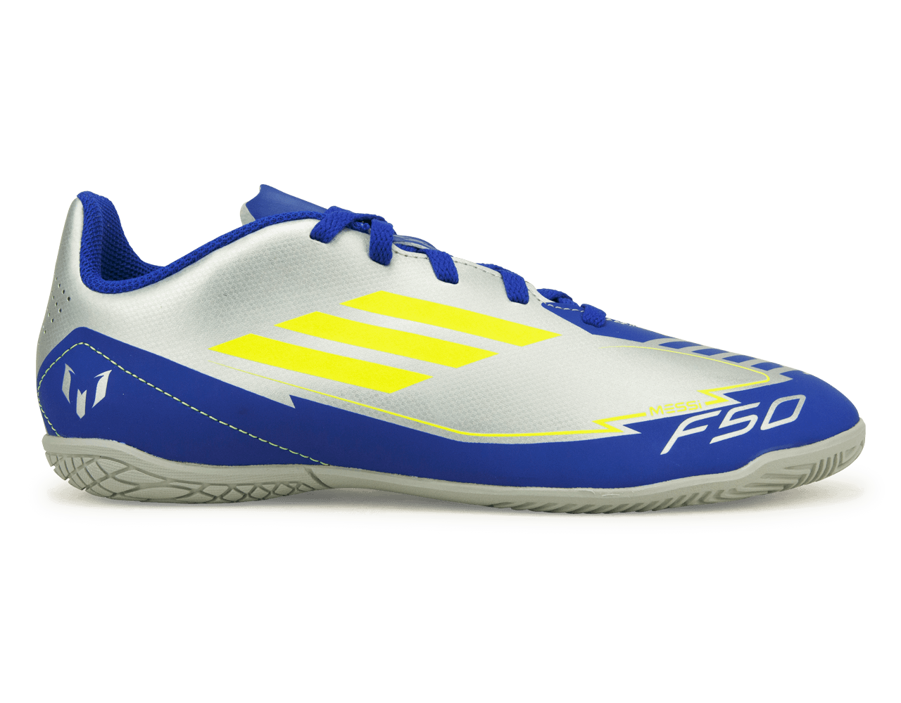adidas F50 Club Indoor Messi Soccer Shoes - Kids | Silver/Solar Yellow Silver Metallic / Solar Yellow / Lucid Blue / 10.5K adidas F50 Club Indoor Messi Soccer Shoes - Kids | Silver/Solar Yellow Silver Metallic / Solar Yellow / Lucid Blue / 10.5K