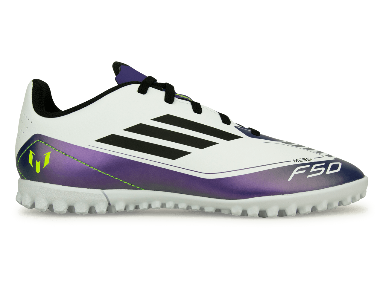 adidas Youth F50 Club Messi TF White/Black/Purple – Azteca Soccer
