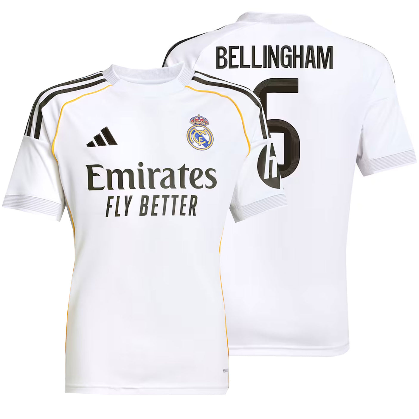 adidas Kids Real Madrid 2025/26 Home Jersey w/ Bellingham #5 Printing Both