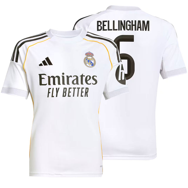 adidas Kids Real Madrid 2025/26 Home Jersey w/ Bellingham #5 Printing Both