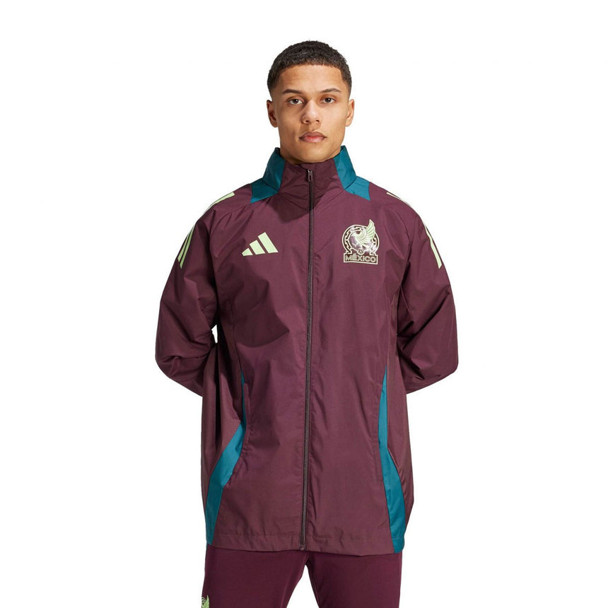 adidas Men's Mexico 2024 All Weather Raglan Hoodie Full-Zip Jacket Dark Burgundy Model