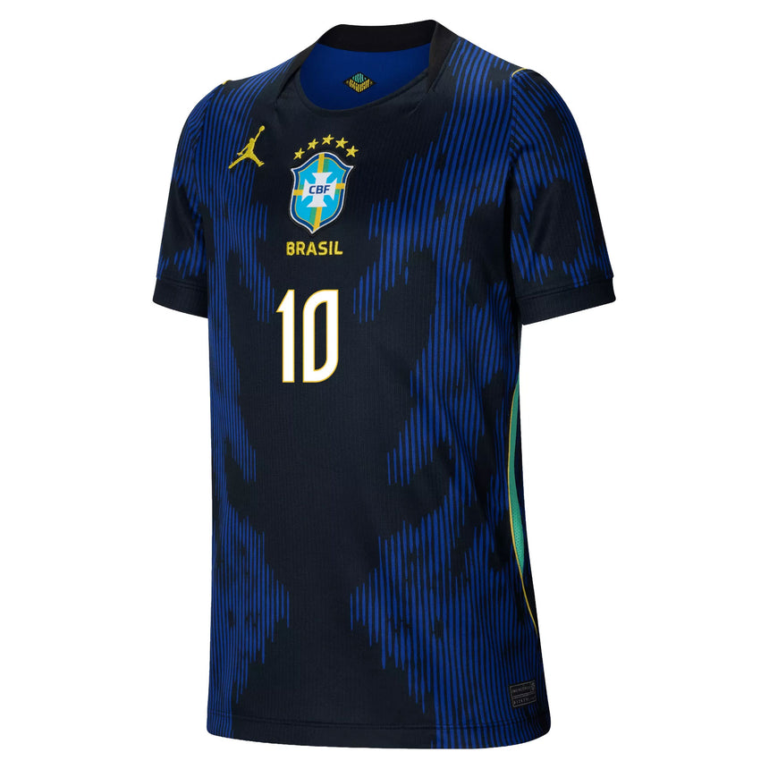 Jordan Brazil Youth Away Stadium 2026 Soccer Jersey w/ Neymar Jr. #10 Blue Front