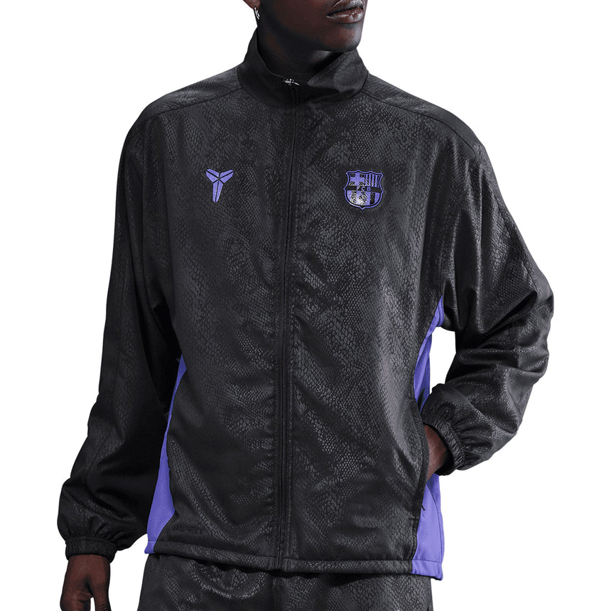 Nike Men's FC Barcelona Away Kobe Soccer Graphic Jacket Black/Persian Violet Front