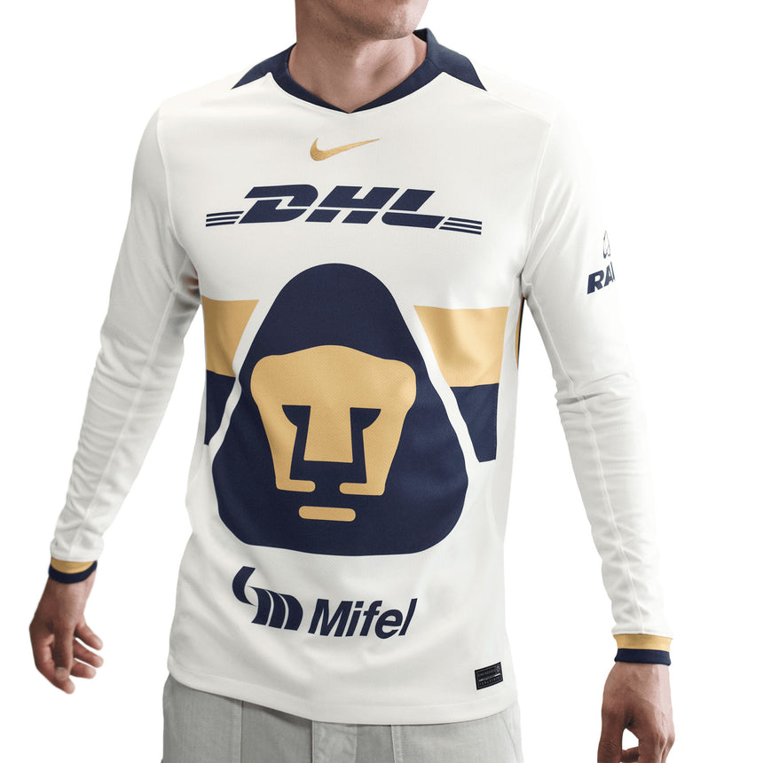 Nike Men's Pumas UNAM Long Sleeve 2025/26 Home Jersey White/Gold/Navy Crest
