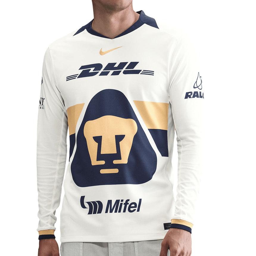 Nike Men's Pumas UNAM Long Sleeve 2025/26 Home Jersey White/Gold/Navy Front