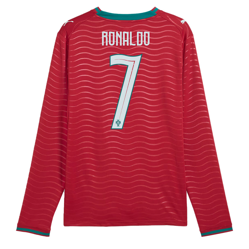 PUMA Men's Portugal World Cup 2026 Home w/ Ronaldo #7 Printing Long Sleeve Red/Green Lagoon Back