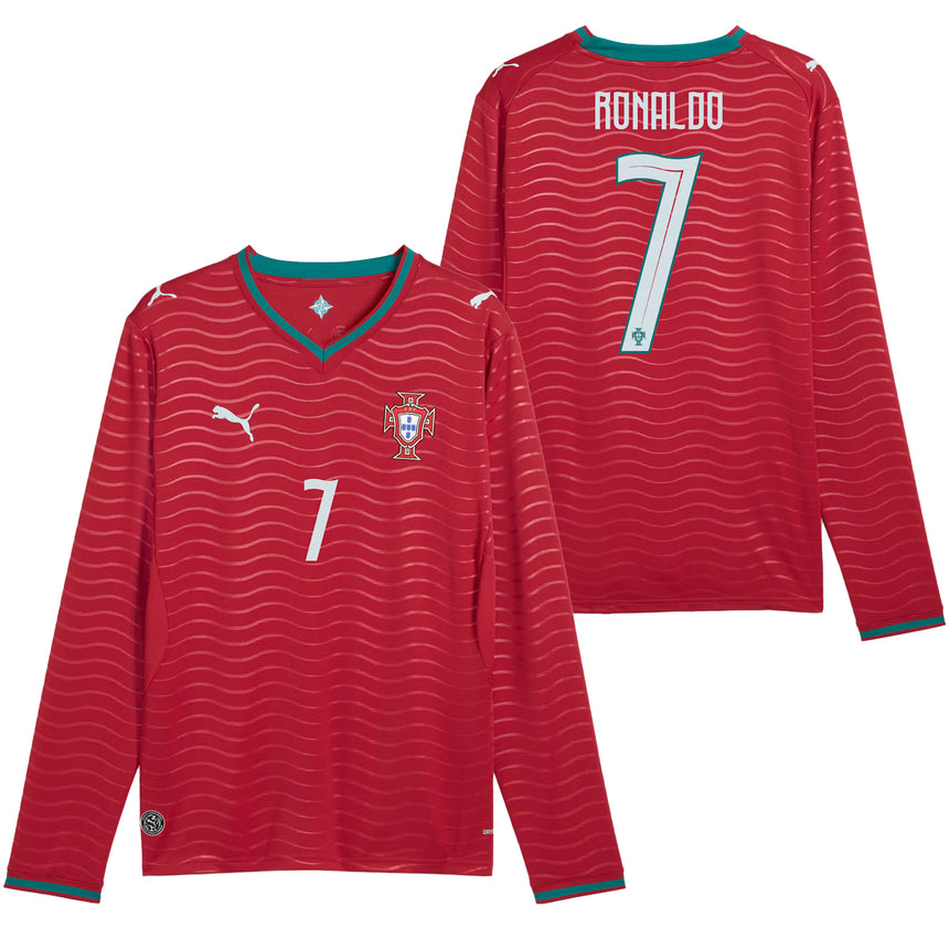PUMA Men's Portugal World Cup 2026 Home w/ Ronaldo #7 Printing Long Sleeve Red/Green Lagoon Both