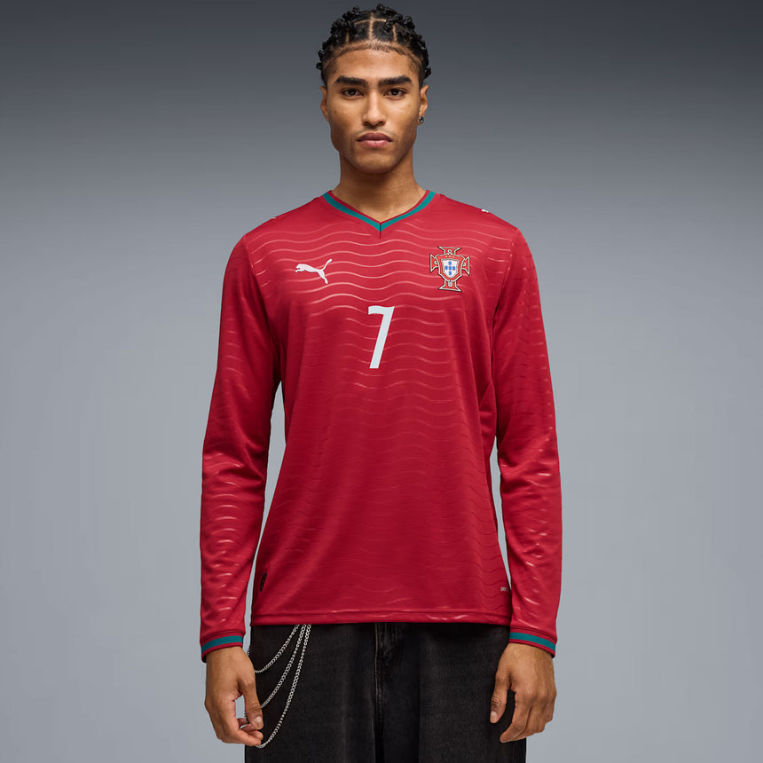 PUMA Men's Portugal World Cup 2026 Home w/ Ronaldo #7 Printing Long Sleeve Red/Green Lagoon Model