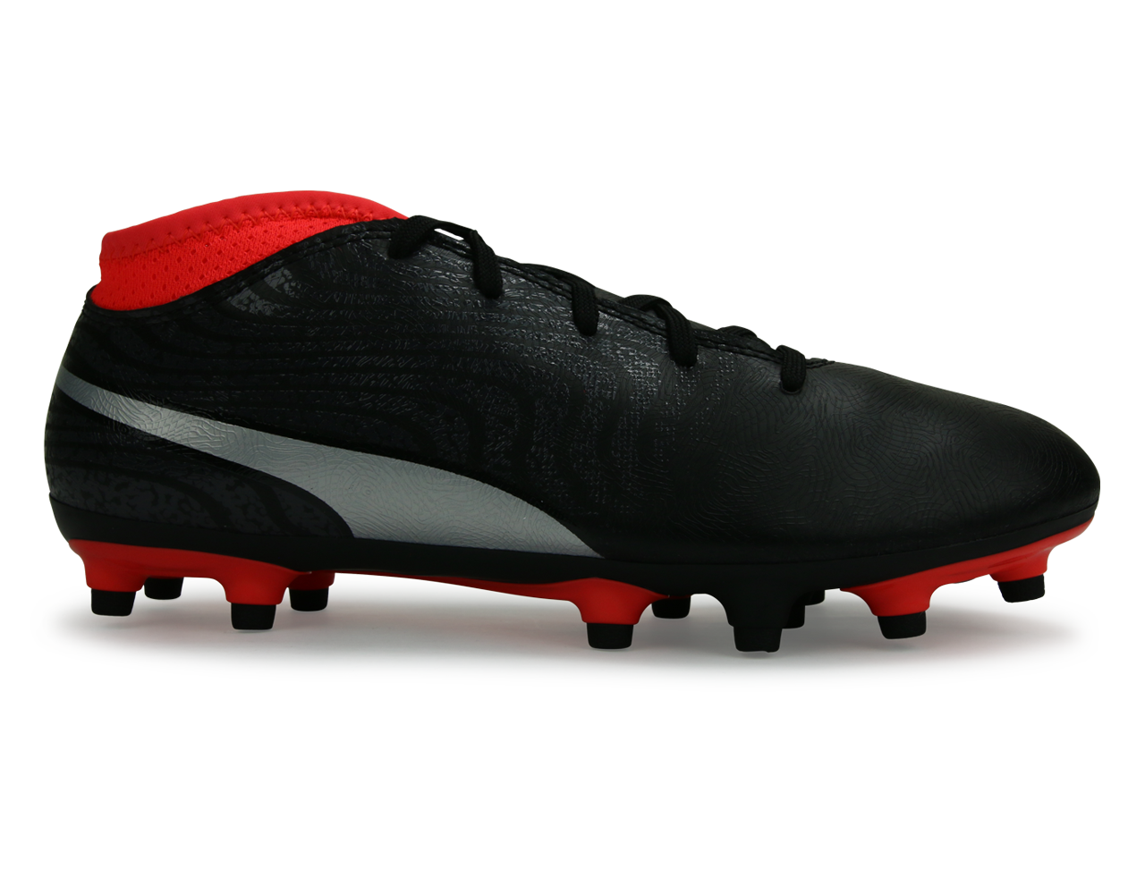 PUMA Kids ONE 18.4 FG Black Silver Red Blast Azteca Soccer