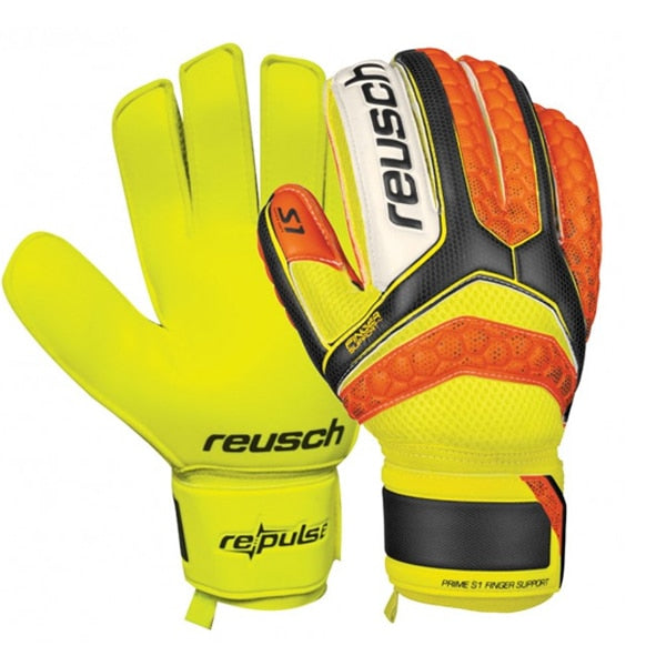 Reusch Men's Pluse Prime S1 Finger Support Goalkeeper Gloves Black/Shocking Orange/Safety Yellow