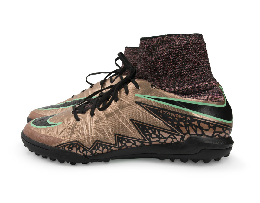 Nike Men's HypervenomX Proximo Turf Soccer Shoes Metallic Red Bronze/Green Glow/Black