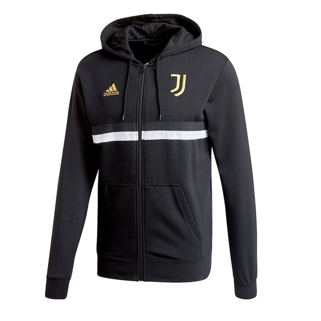 adidas-mens-juventus-3-stripes-full-zip-hoodie-black-white-pyrite Front Side