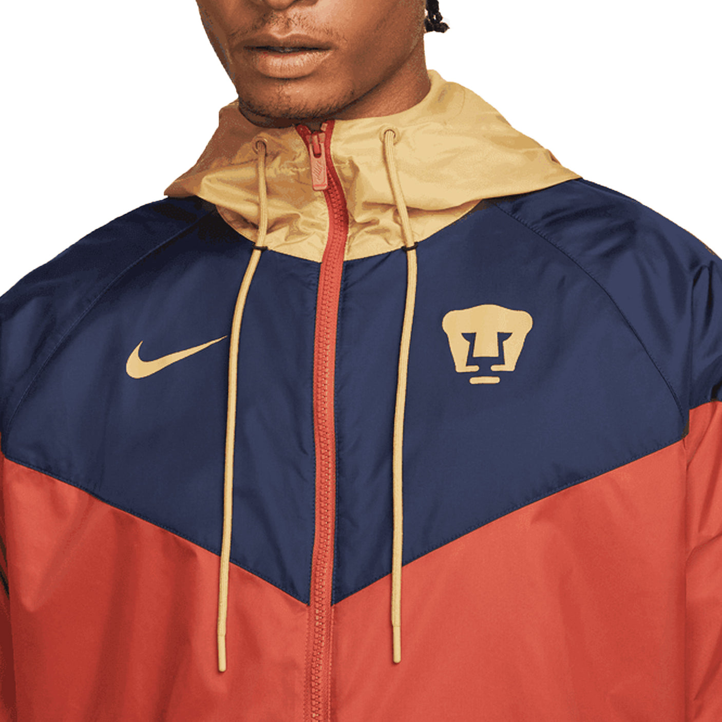 Nike Mens Pumas UNAM Windrunner Jacket 2022 Red/Navy/Gold Closeup