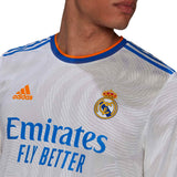 adidas Men's Real Madrid 2021/22 Long Sleeve Authentic Home Jersey White/Blue Emirates