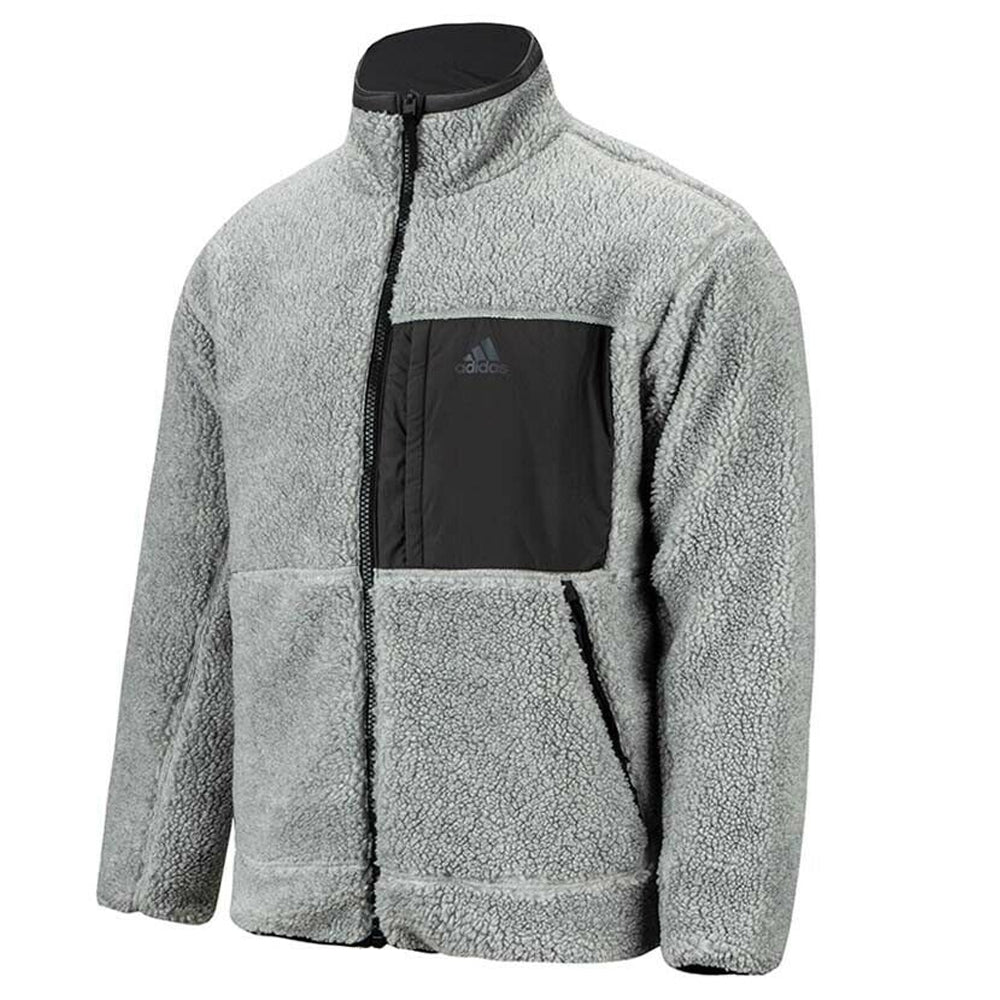 adidas Men's Reversible Padded Sherpa Jacket Grey Front View 