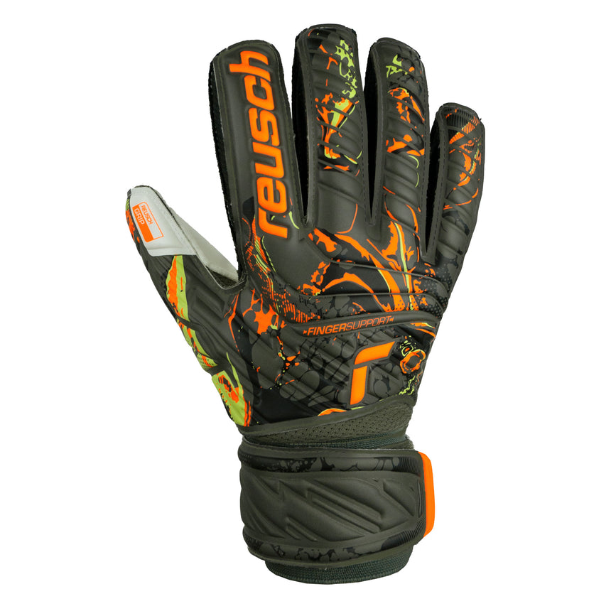 Reusch Attrakt Grip Fingersave Goalkeeper Gloves Green/Orange Front